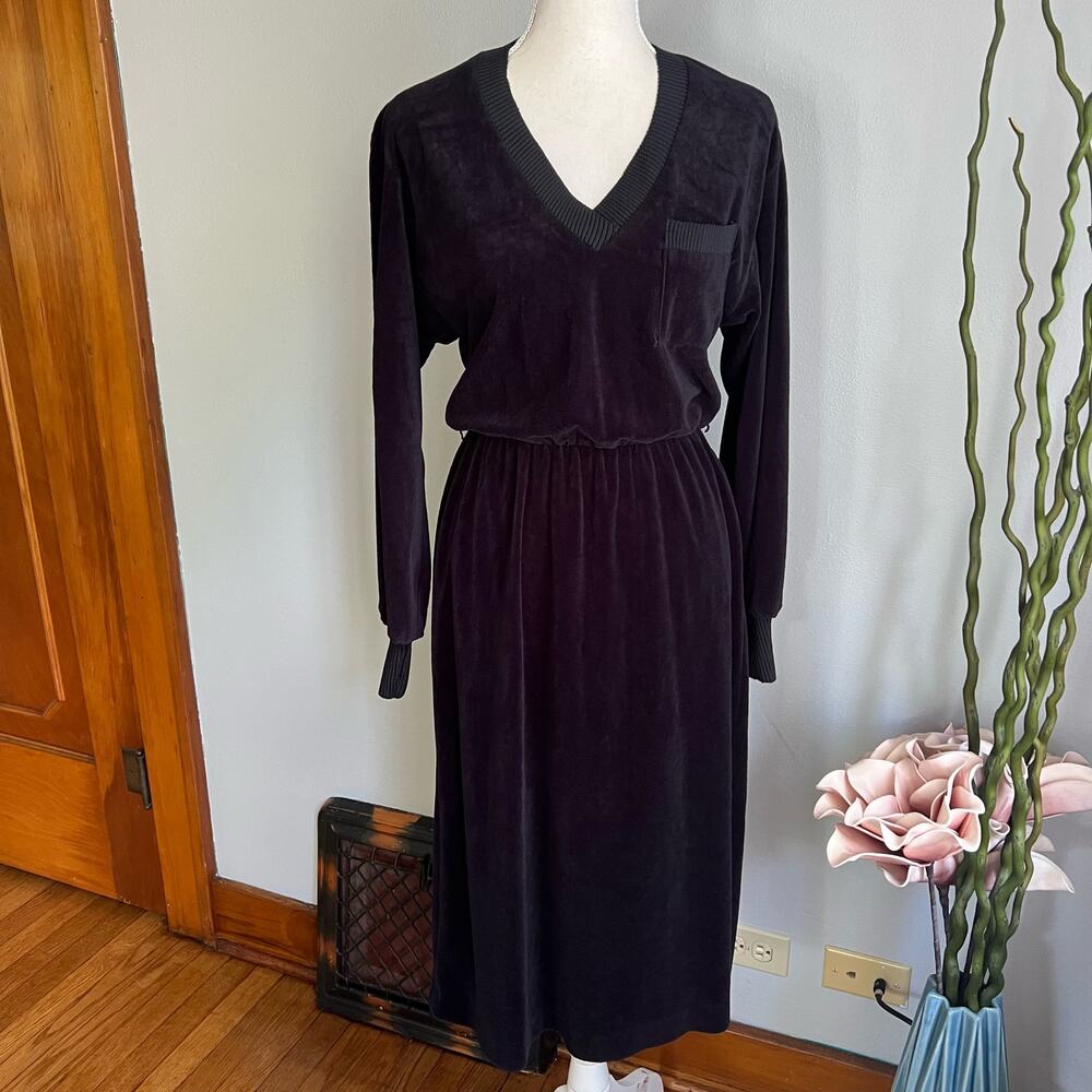 Trolley Car Velour Dress Long Sleeve‎ V Neck Size Small Black Vintage 70s Union